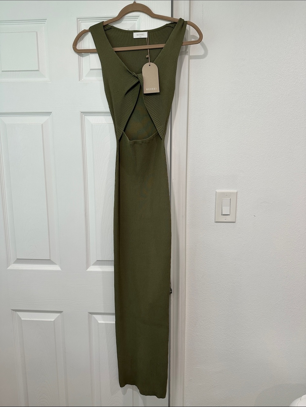 Meshki Olive Green Backless Ribbed Maxi Dress